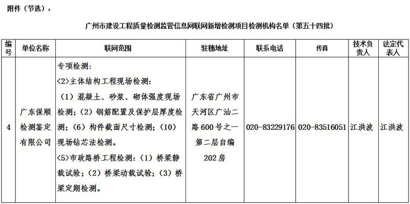廣州市建設工程質量檢測監管信息網聯網新增檢測項目檢測機構名單（第五十四批）